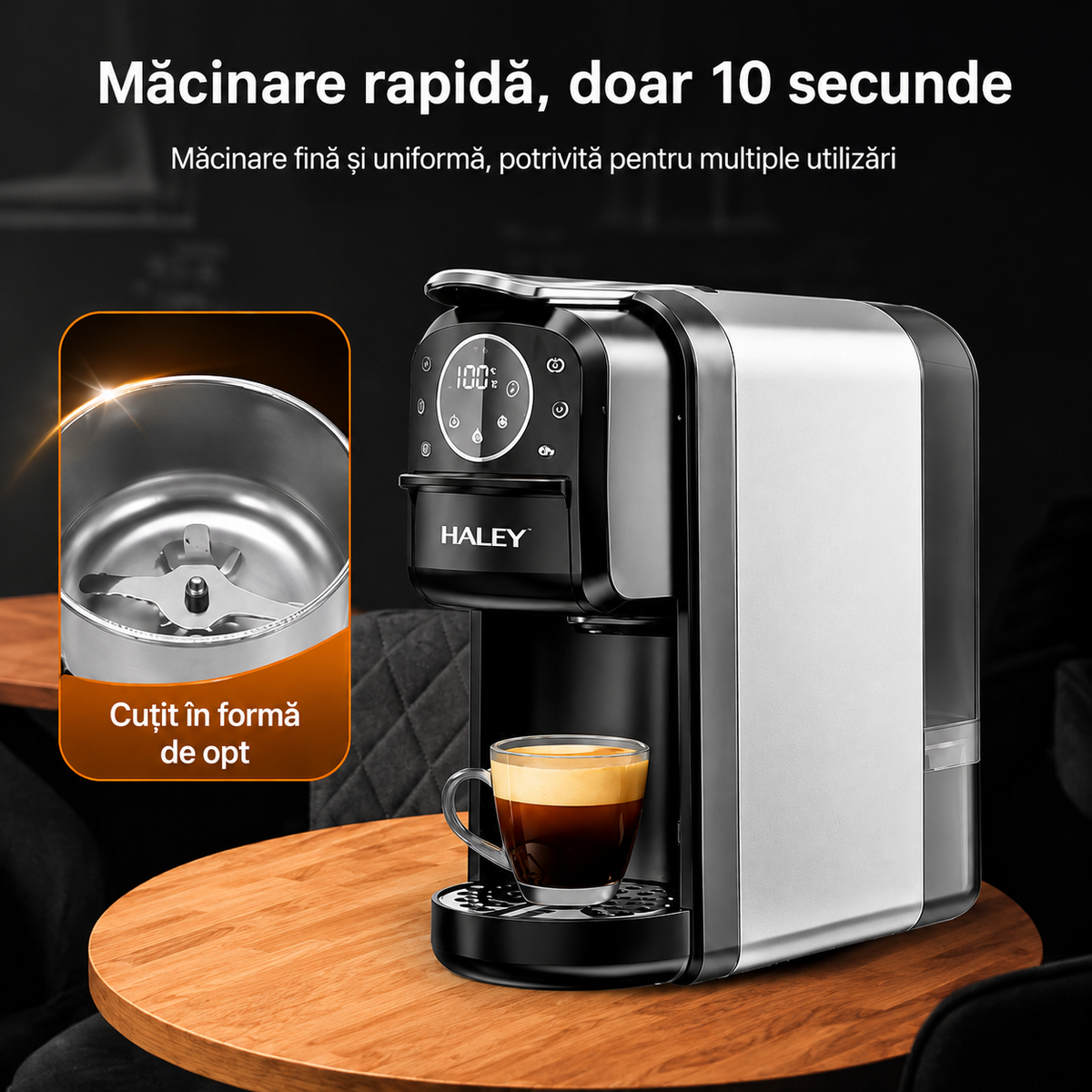 Espressor cu capsule HALEY HY-2833, sistem 4 în 1, 20 bari, 1400W, rezervor 700 ml, control tactil
