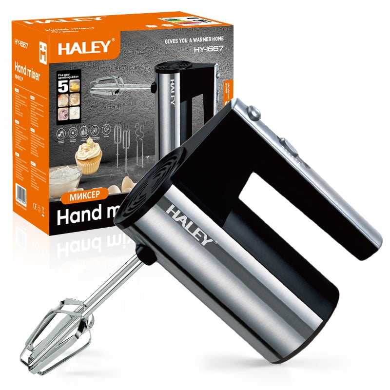 Mixer de Mână HALEY HY-1667, 500 W, 5 Viteze, Carcasă din Inox, 2 Teluri și 2 Cârlige pentru Aluat