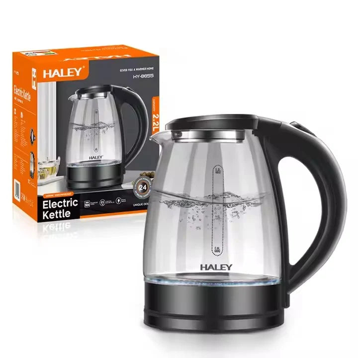 Fierbător Electric HALEY HY-8855, 2.2L, 1800W, Sticlă Borosilicată, Iluminare LED, Oprire Automată, Bază 360°