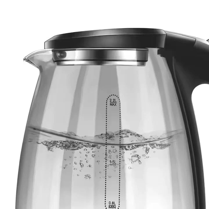 Fierbător Electric HALEY HY-8855, 2.2L, 1800W, Sticlă Borosilicată, Iluminare LED, Oprire Automată, Bază 360°