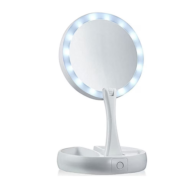 Oglinda rotunda machiaj cu iluminare LED, pliabila, 25 cm, efect de lupa