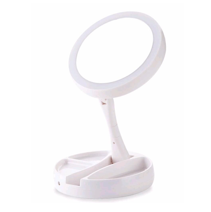 Oglinda rotunda machiaj cu iluminare LED, pliabila, 25 cm, efect de lupa