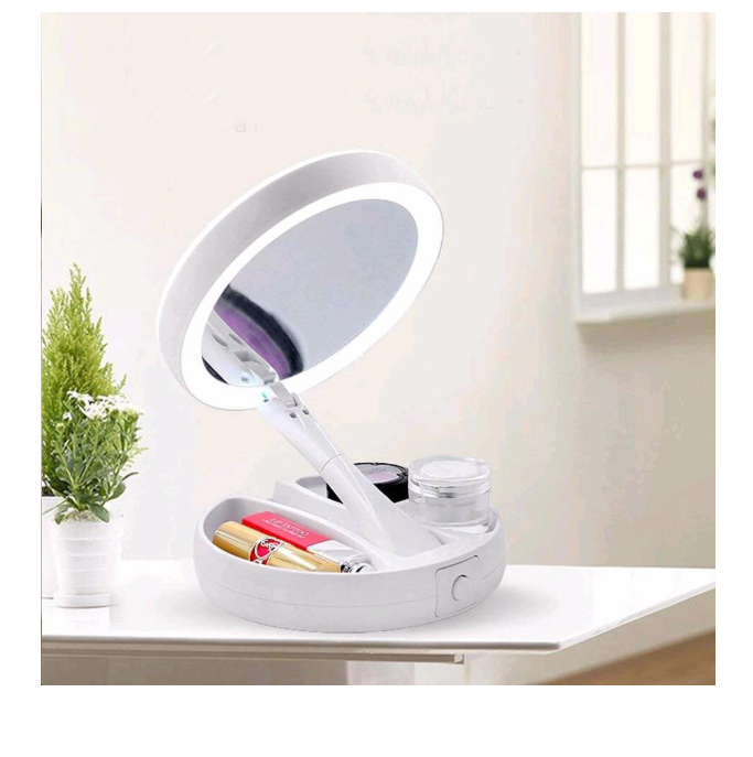Oglinda rotunda machiaj cu iluminare LED, pliabila, 25 cm, efect de lupa