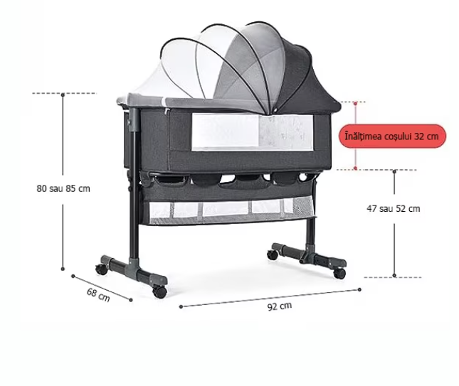 Patut copii co-sleeper pliabil, cu plasa insecte, pozitie leganat, roti, saltea inclusa, 92x68x80/85 cm, gri