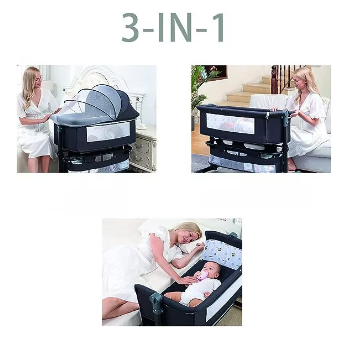 Patut copii co-sleeper pliabil, cu plasa insecte, pozitie leganat, roti, saltea inclusa, 92x68x80/85 cm, gri
