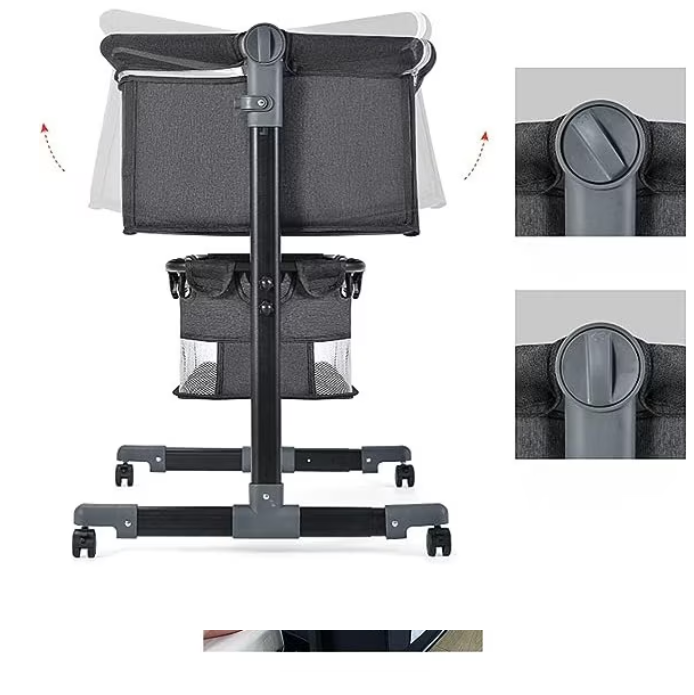Patut copii co-sleeper pliabil, cu plasa insecte, pozitie leganat, roti, saltea inclusa, 92x68x80/85 cm, gri
