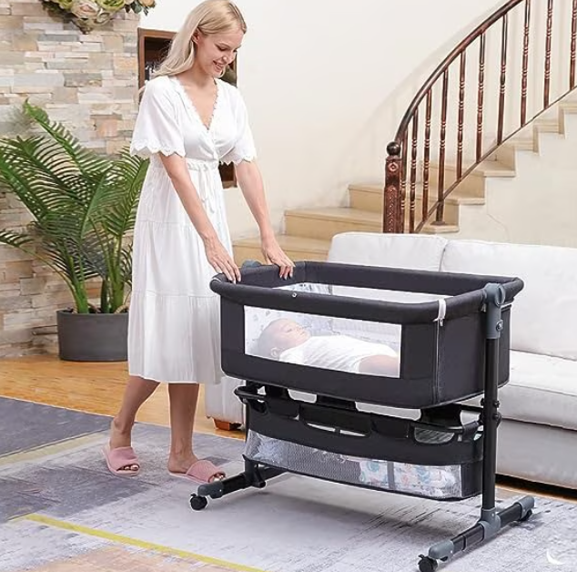 Patut copii co-sleeper pliabil, cu plasa insecte, pozitie leganat, roti, saltea inclusa, 92x68x80/85 cm, gri