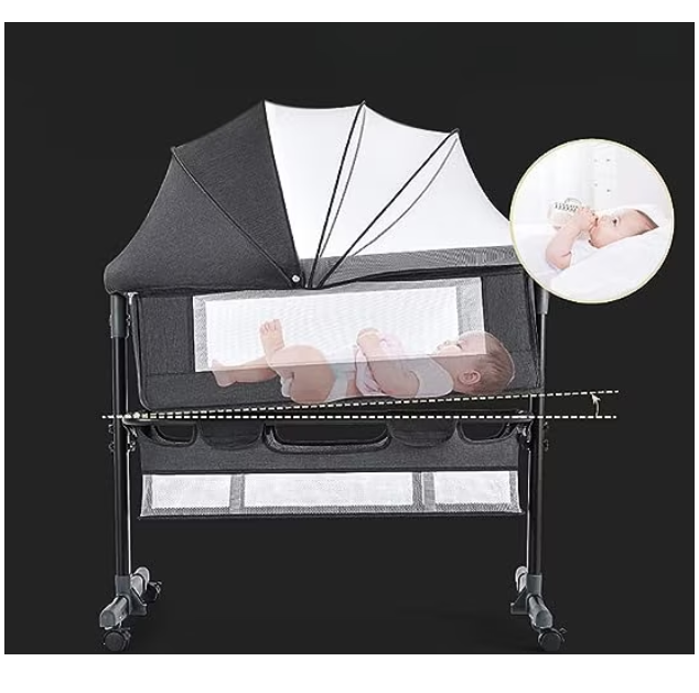 Patut copii co-sleeper pliabil, cu plasa insecte, pozitie leganat, roti, saltea inclusa, 92x68x80/85 cm, gri