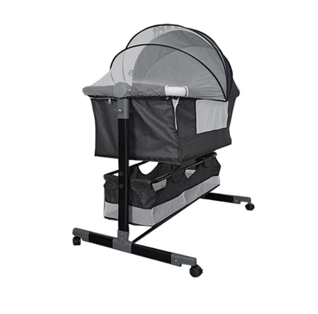 Patut copii co-sleeper pliabil, cu plasa insecte, pozitie leganat, roti, saltea inclusa, 92x68x80/85 cm, gri