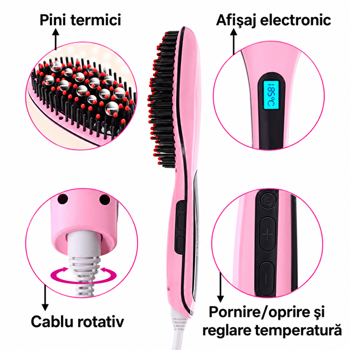 Perie electrică ceramică pentru îndreptat părul, temperatură reglabilă, afișaj LCD și cablu rotativ, roz