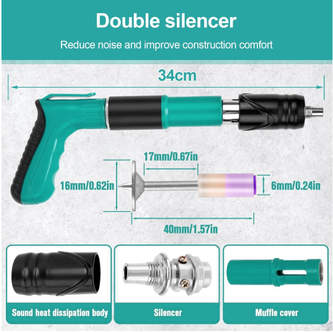 Pistol de batut si fixat Cuie si Suruburi, 5 Nivele de Putere, 34 cm, Contine 50 Cuie Rotunde, Cutie de Depozitare