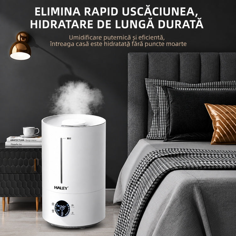 Umidificator de Aer HY-3101, Rezervor 5L, Umidificare 360°, Intensitate Reglabilă, Umplere de Sus, Panou Digital, 1000W, Alb