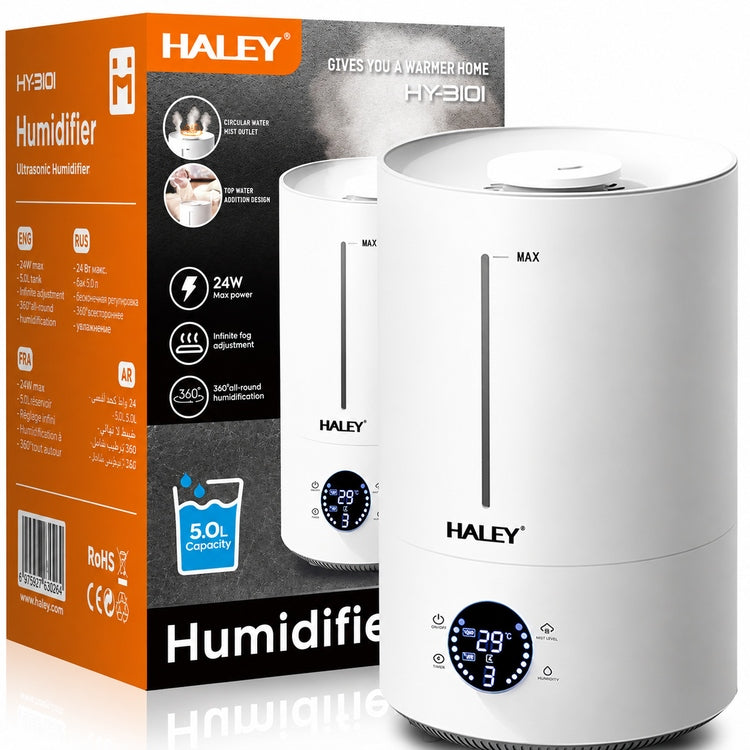 Umidificator de Aer HY-3101, Rezervor 5L, Umidificare 360°, Intensitate Reglabilă, Umplere de Sus, Panou Digital, 1000W, Alb