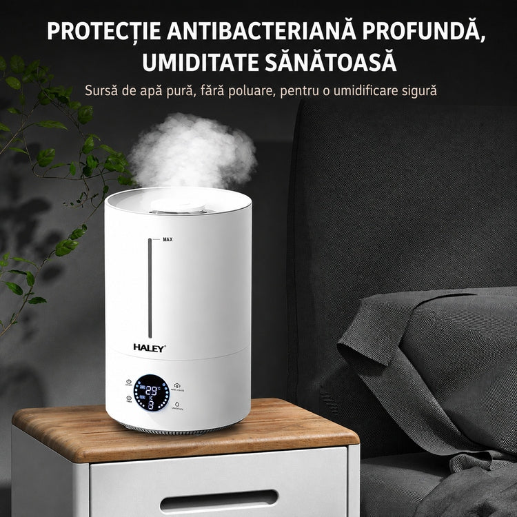 Umidificator de Aer HY-3101, Rezervor 5L, Umidificare 360°, Intensitate Reglabilă, Umplere de Sus, Panou Digital, 1000W, Alb
