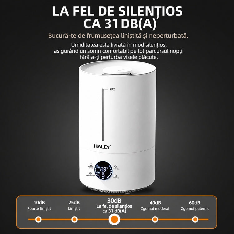 Umidificator de Aer HY-3101, Rezervor 5L, Umidificare 360°, Intensitate Reglabilă, Umplere de Sus, Panou Digital, 1000W, Alb