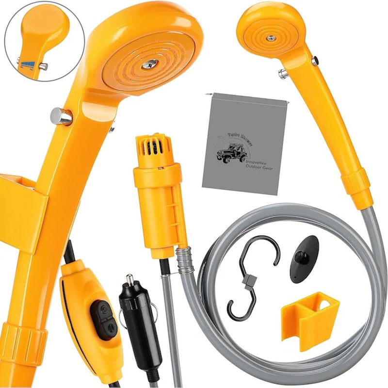 Set complet dus portabil cu alimantare auto, pompa, cap dus, carlig, punga, galben-gri