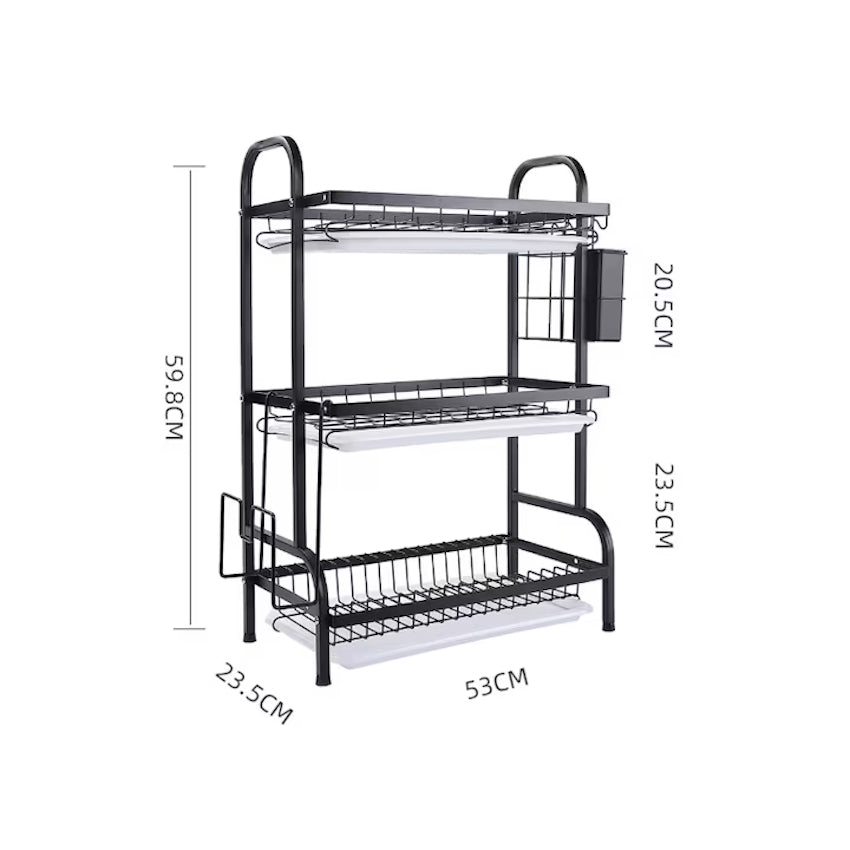 Uscator de vase supraetajat cu 3 polite din metal, negru