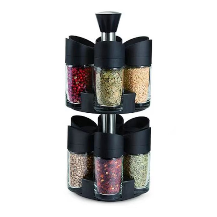 Suport 12 recipiente pentru condimente cu suport rotativ, negru