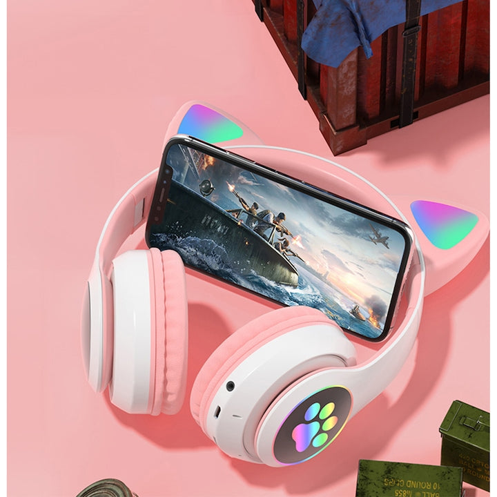 Căști Wireless Bluetooth 5.0 cu Urechi de Pisică LED, Pliabile, Microfon Integrat, Sunet Bass Stereo, pentru Copii