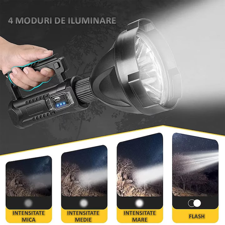 Lanternă LED portabilă cu acumulator + powerbank, 4 moduri, suport trepied