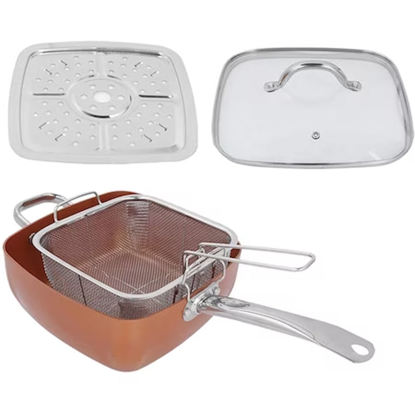 Set tigaie multifunctionala, 5 piese, pentru gatit la abur, cu placa de inductie din otel inoxidabil