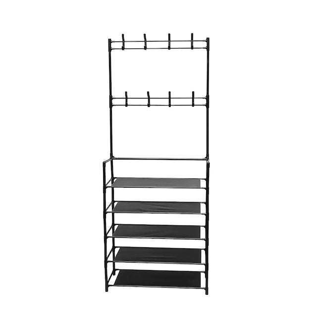 Cuier pentru haine, 5 rafturi, suport pantofi, 8 carlige, negru