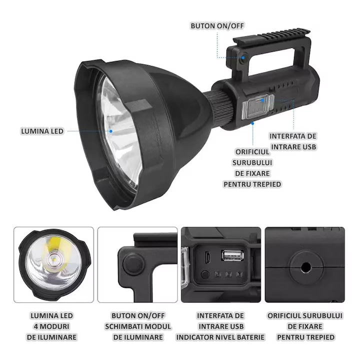 Lanternă LED portabilă cu acumulator + powerbank, 4 moduri, suport trepied