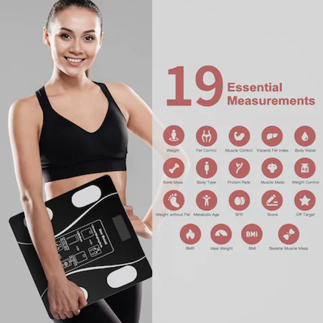 Cantar inteligent de diagnostic corporal, conexiune bluetooth la app pentru fitness, detectarea temperaturii, sticla securizata, neagra