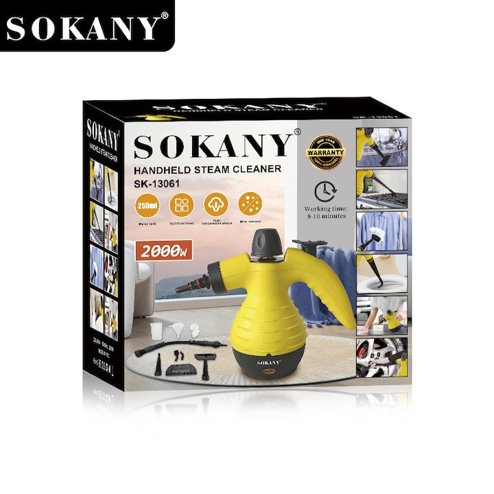 Aparat de Curățat cu Abur Multifuncțional 6 în 1 SOKANY SK-13061, 2000W – Putere Industrială, Accesorii Complete, Galben-Negru