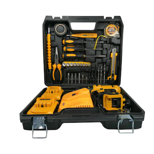 Trusa bormasina 24V, 2 acumulatori, incarcator, 30 accesorii, galben