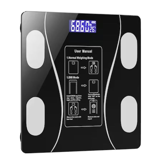 Cantar inteligent de diagnostic corporal, conexiune bluetooth la app pentru fitness, detectarea temperaturii, sticla securizata, neagra