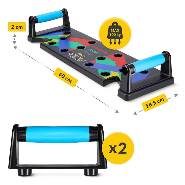 Placă Multifuncțională pentru Flotări, 60 x 18 cm, cu 2 Mânere Antiderapante, Antrenament Piept, Triceps, Umeri și Spate, Multicolor