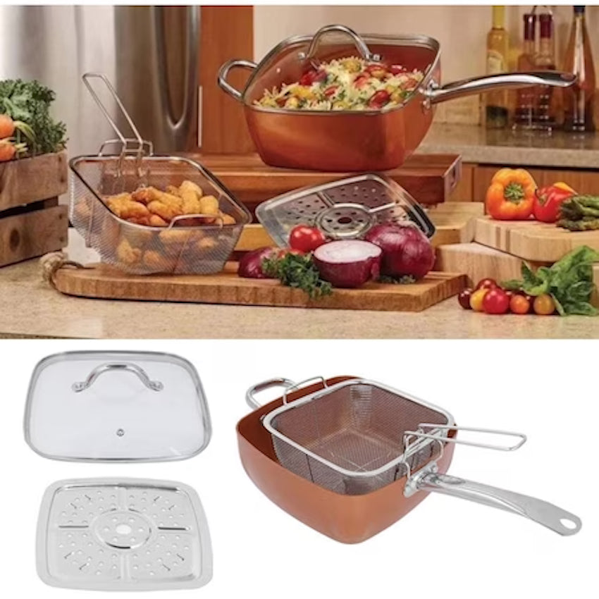 Set tigaie multifunctionala, 5 piese, pentru gatit la abur, cu placa de inductie din otel inoxidabil