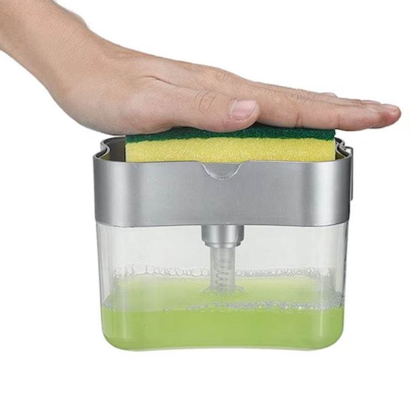 Dispencer pentru detergent lichid,  cu suport pentru burete de vase, din plastic