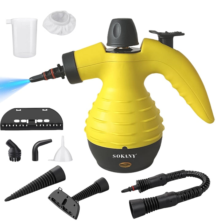 Aparat de Curățat cu Abur Multifuncțional 6 în 1 SOKANY SK-13061, 2000W – Putere Industrială, Accesorii Complete, Galben-Negru