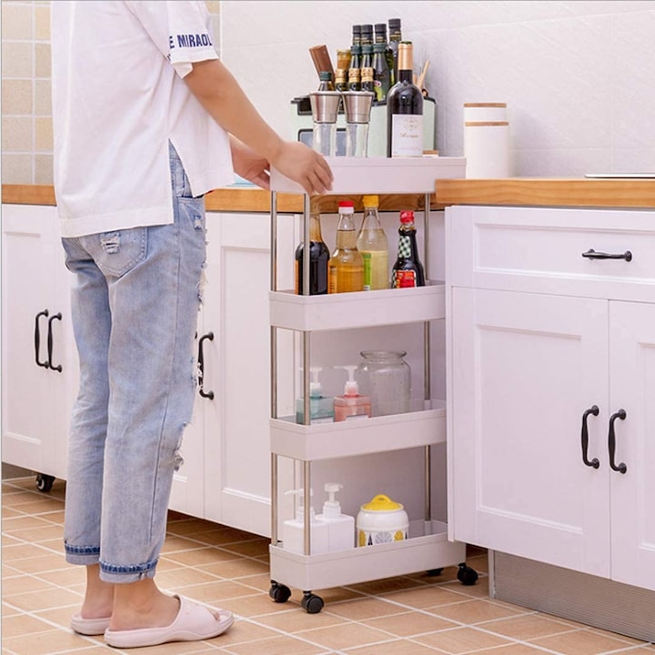 Carucior depozitare cu 4 rafturi si roti pentru baie si bucatarie