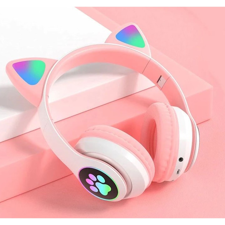 Căști Wireless Bluetooth 5.0 cu Urechi de Pisică LED, Pliabile, Microfon Integrat, Sunet Bass Stereo, pentru Copii