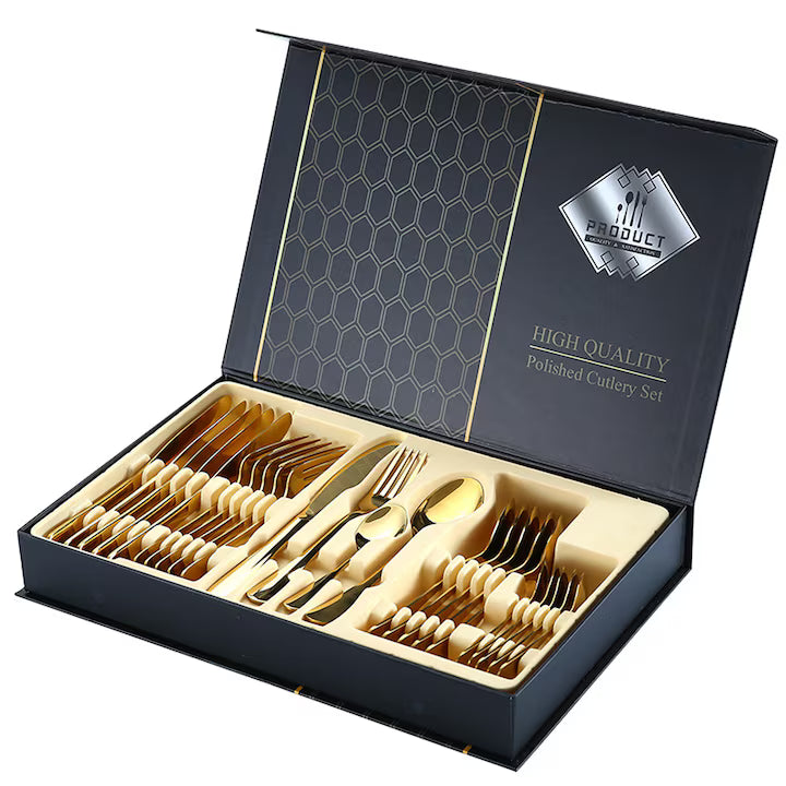 Set tacâmuri aurii 24 piese din oțel inoxidabil, stil portughez, auriu – 6 persoane
