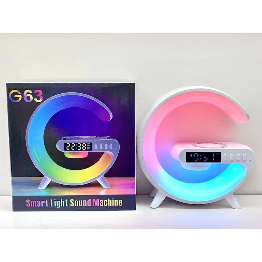 Boxa multifunctionala 4 in 1 lumina led RGB, ceas digital, incarcator wireless,  lampa de veghe, radio, conectivitate Bluetooth si port USB
