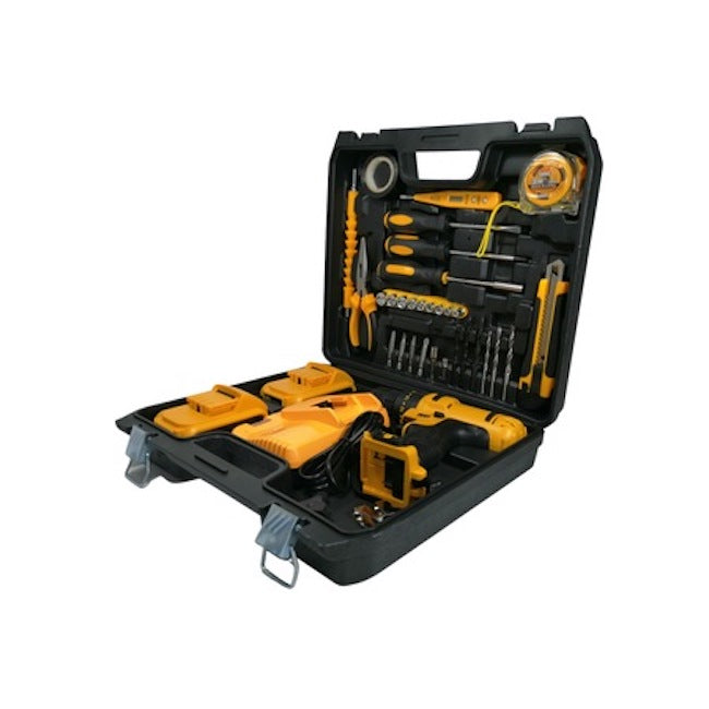 Trusa bormasina 24V, 2 acumulatori, incarcator, 30 accesorii, galben