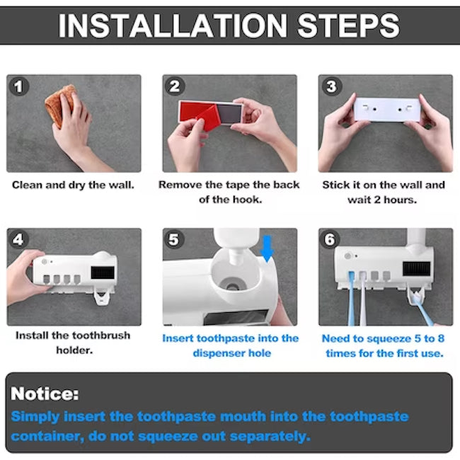 Dozator Pentru Pasta De Dinti, cu suport pentru periute, cu functie de sterilizare, lumina UV