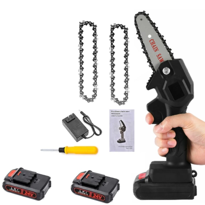 Mini drujba cu lant, fara fir, lama 4 inch, 2 acumulatori 48V si 2 lanturi incluse