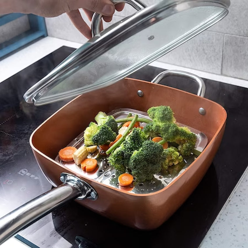 Set tigaie multifunctionala, 5 piese, pentru gatit la abur, cu placa de inductie din otel inoxidabil