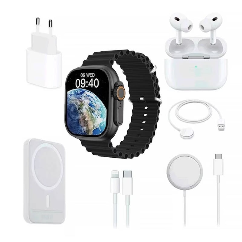 Smartwatch X8 de 2", casti in-ear wireless, incarcator, cabluri, baterie externa, 8 in 1, negru