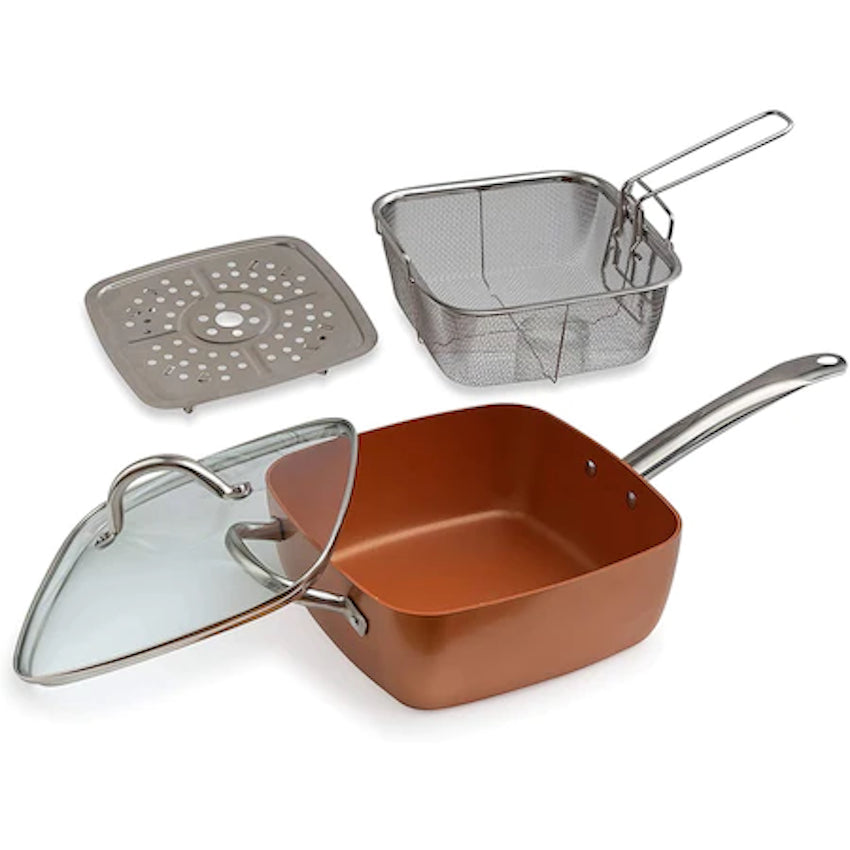 Set tigaie multifunctionala, 5 piese, pentru gatit la abur, cu placa de inductie din otel inoxidabil