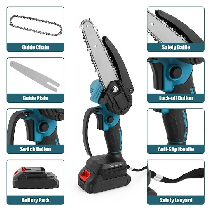 Mini drujba cu lant, fara fir, lama 6 inch, 2 acumulatori 48V si 2 lanturi incluse