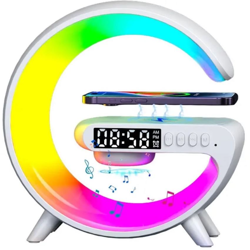 Boxa multifunctionala 4 in 1 lumina led RGB, ceas digital, incarcator wireless,  lampa de veghe, radio, conectivitate Bluetooth si port USB