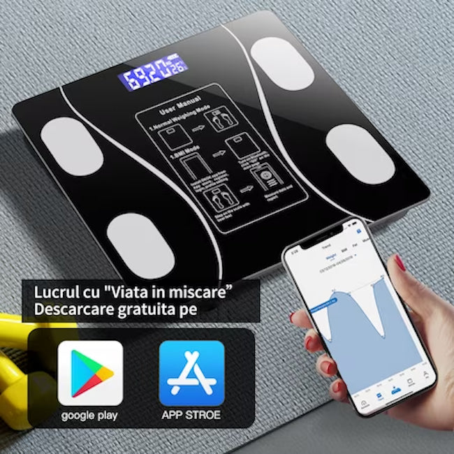 Cantar inteligent de diagnostic corporal, conexiune bluetooth la app pentru fitness, detectarea temperaturii, sticla securizata, neagra
