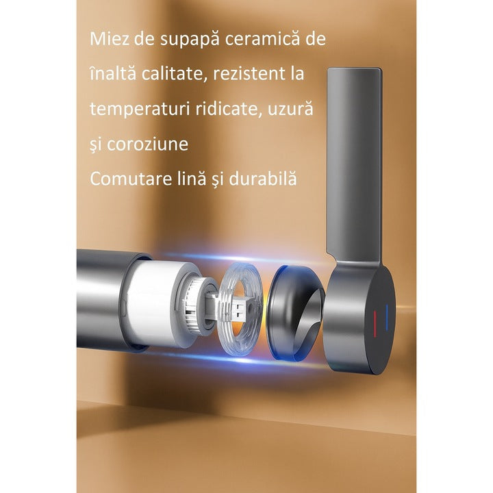 Baterie pentru chiuvetă cu duș extractibil, afișaj LED temperatură, 3 moduri de curgere, gri mat