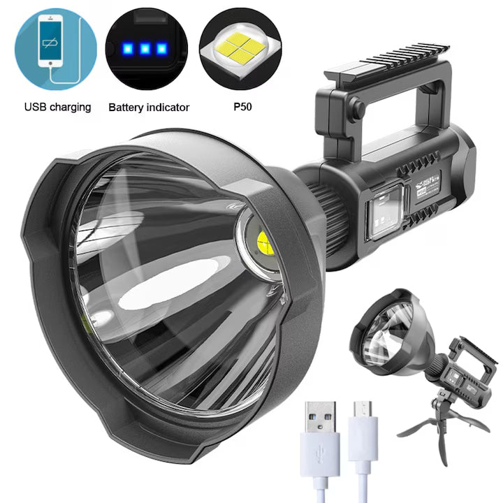 Lanternă LED portabilă cu acumulator + powerbank, 4 moduri, suport trepied